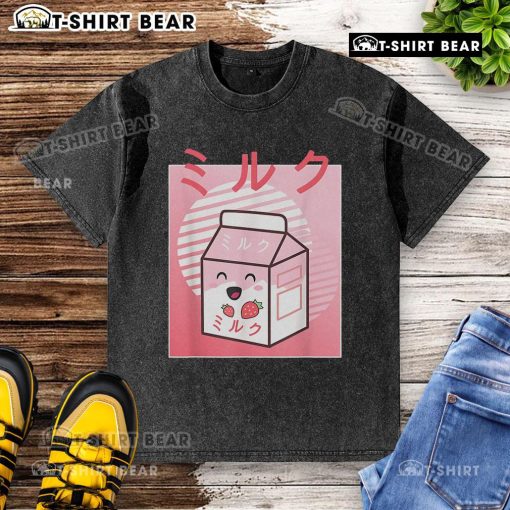 Cute kawaii strawberry milk Japanese aesthetic washed t-shirt featuring vibrant graphics and a trendy design.
