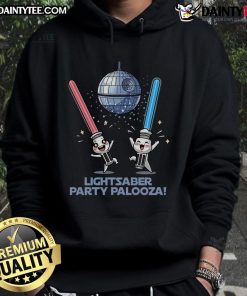 Cute Lightsaber Party Palooza Hoodie worn by a child at a fun themed birthday celebration with colorful decorations.