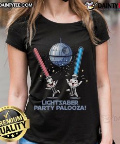 Cute Lightsaber Party Palooza Ladies Tee featuring vibrant designs and a fun, playful style for Star Wars fans.