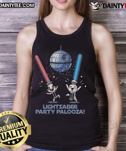 Cute Lightsaber Party Palooza tank top featuring colorful lightsabers on a vibrant background, perfect for fans.