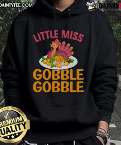 Cute little girl wearing a Miss Gobble Gobble Thanksgiving turkey hoodie, perfect for festive celebrations.