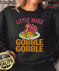 Cute little Miss Gobble Gobble Thanksgiving turkey sweatshirt in vibrant colors, perfect for festive fall celebrations.