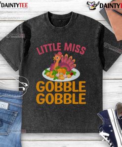 Alt Text: Cute little Miss Gobble Gobble Thanksgiving turkey design on a washed t-shirt, perfect for festive fall celebrations.