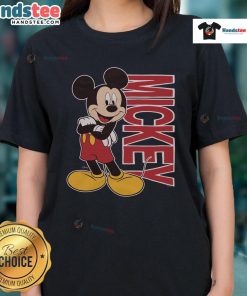 Cute Mickey Mouse 90s ladies tee featuring a vibrant graphic design, perfect for retro fashion lovers.