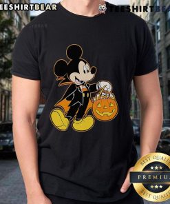 Cute Mickey Mouse Halloween Dracula design on pumpkin candy glow t-shirt for festive autumn celebrations.