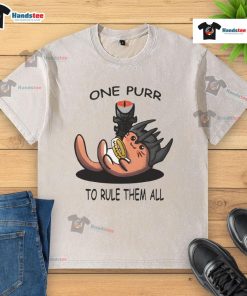 Alt Text: Cute 'One Purr to Rule Them All' Lord of the Rings cat t-shirt, perfect for fans and cat lovers alike.