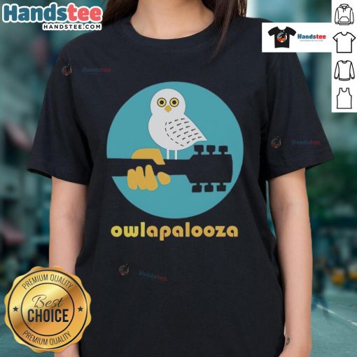 Cute Owlapalooza Ladies Tee featuring a vibrant owl design, perfect for casual wear and owl lovers.
