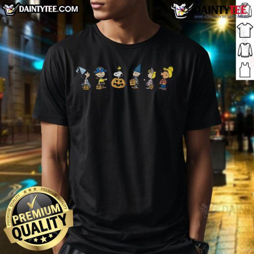 Cute Peanuts Halloween costumes T-shirt featuring cartoon characters in festive attire, perfect for Halloween celebrations.