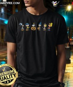 Cute Peanuts Halloween costumes T-shirt featuring cartoon characters in festive attire, perfect for Halloween celebrations.