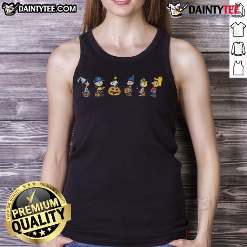 Cute Peanuts Halloween costumes tank top featuring Charlie Brown and Snoopy, perfect for festive celebrations and trick-or-treating.