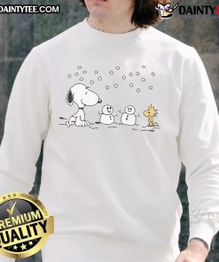 Alt Text: Cute Peanuts Snoopy and Woodstock winter snowman sweatshirt featuring colorful graphics in a cozy design.