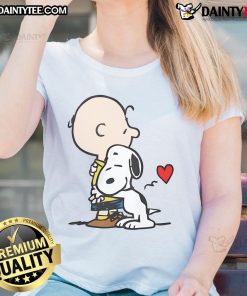 Cute Peanuts Snoopy hug ladies tee featuring Snoopy and Woodstock in a heartwarming design for fans.