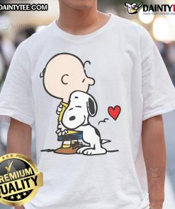 Cute Peanuts Snoopy hug T-shirt featuring Snoopy and Woodstock in a heartwarming embrace, perfect for fans.