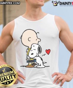 Cute Peanuts Snoopy hug tank top featuring Snoopy and Woodstock in a playful design for casual summer wear.