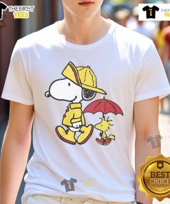 Alt Text: Cute Peanuts Snoopy & Woodstock rainy day t-shirt featuring vibrant colors and playful design, perfect for fans.