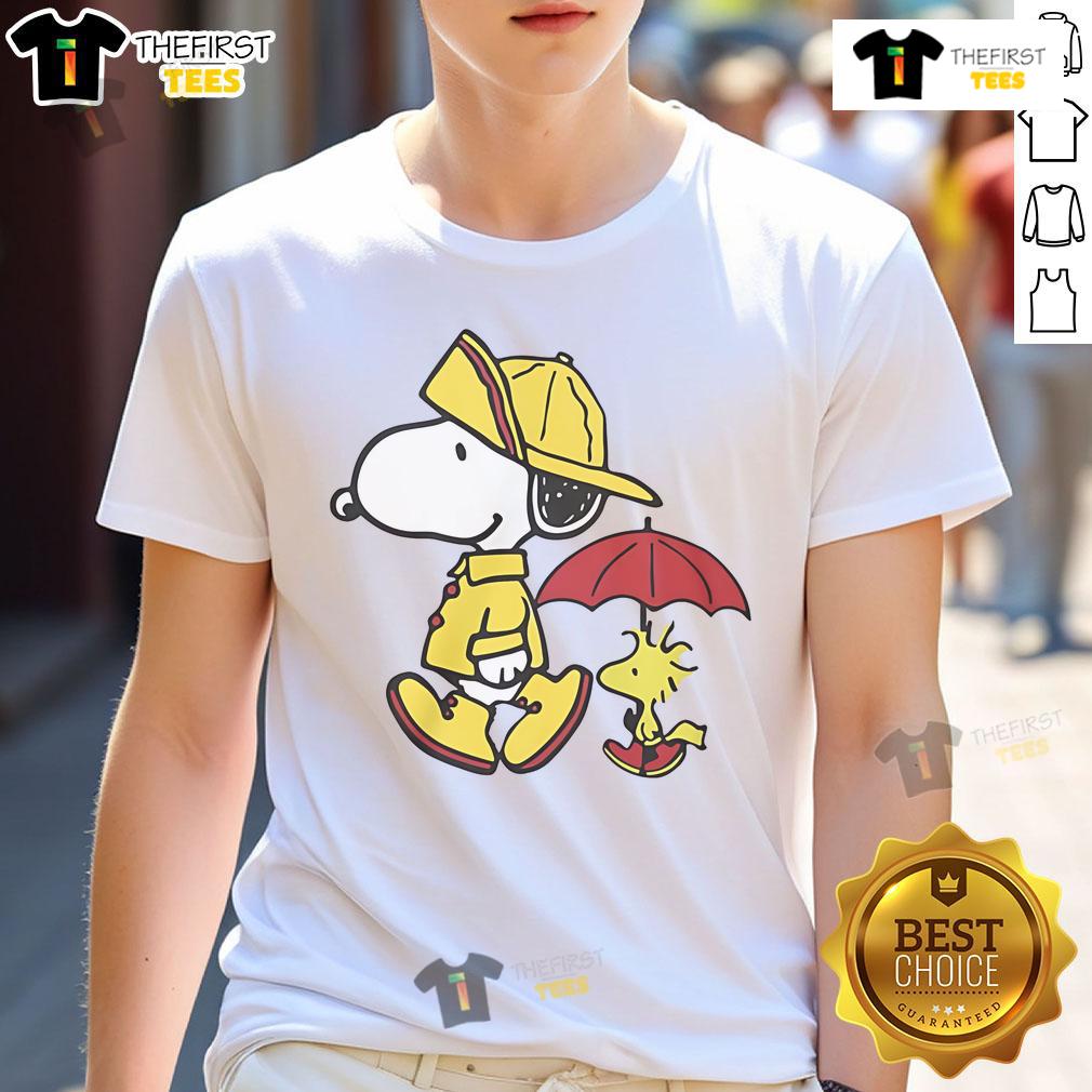 Cute Peanuts Snoopy & Woodstock Rainy Day T Shirt Alt Text: Cute Peanuts Snoopy & Woodstock rainy day t-shirt featuring vibrant colors and playful design, perfect for fans.
