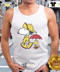 Cute Peanuts Snoopy and Woodstock tank top design for rainy days, featuring vibrant colors and playful graphics.
