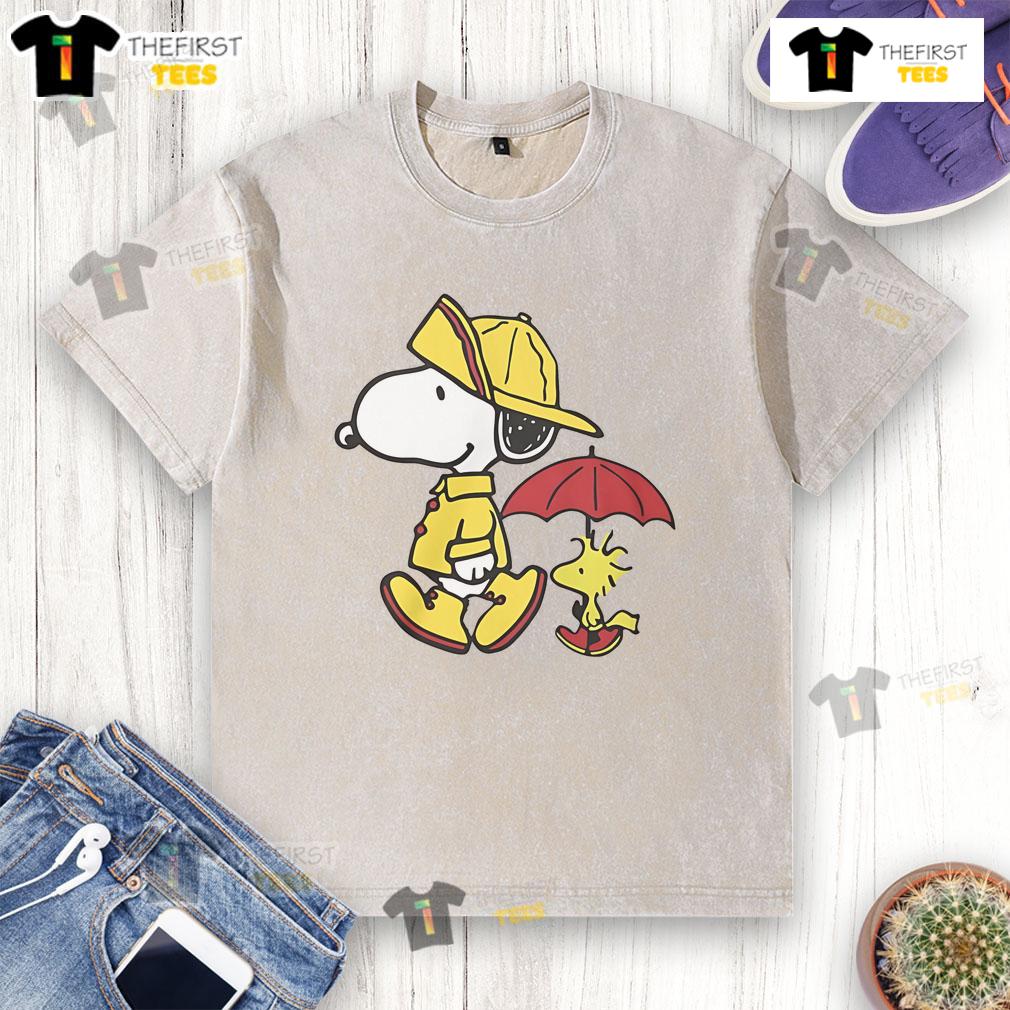 Cute Peanuts Snoopy & Woodstock Rainy Day Washed T Shirt Cute Peanuts Snoopy and Woodstock rainy day design on a washed t-shirt, perfect for fans of the beloved comic.