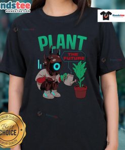 Alt Text: Cute plant the future robot watering a plant on eco-friendly graphic ladies tee design. Perfect for plant lovers!