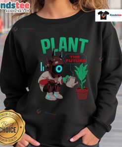 Alt Text: Cute plant-themed sweatshirt featuring a robot watering a plant, perfect for eco-conscious fashion lovers.
