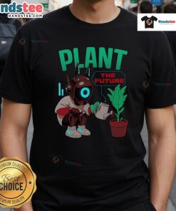Cute plant graphic on a T-shirt featuring a robot watering a plant, perfect for eco-conscious fashion lovers.