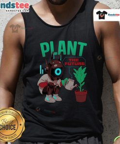 Cute plant the future robot watering a plant on eco graphic tank top, perfect for eco-conscious fashion lovers.