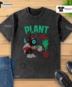 Cute plant-themed future robot watering a plant on an eco graphic washed t-shirt design.
