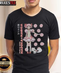Cute Puella Magi Madoka Magica Madoka Kaname in a stylish polka dot T-shirt, perfect for anime fans.