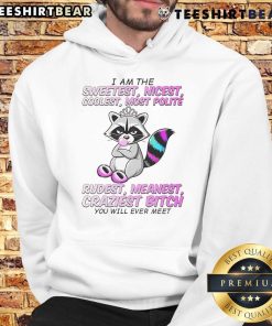 Cute raccoon wearing a hoodie with the text I Am The Sweetest Nicest Coolest for a fun and stylish look.