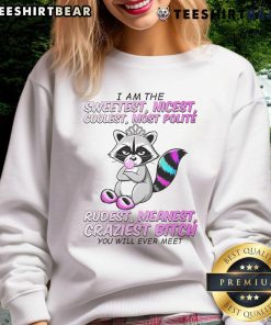 Cute raccoon wearing a 'I Am The Sweetest Nicest Coolest' sweatshirt, showcasing its adorable personality.