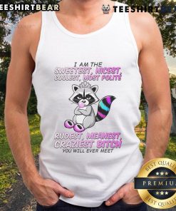 Alt Text: Cute raccoon wearing a tank top with a playful expression, embodying the sweetest and nicest vibe.