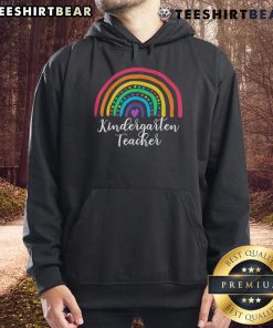 Cute rainbow kindergarten teacher back to school hoodie featuring vibrant colors and playful design for educators.
