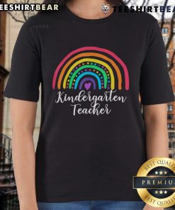 Alt Text: Cute rainbow kindergarten teacher back to school tee for ladies featuring vibrant colors and playful design.