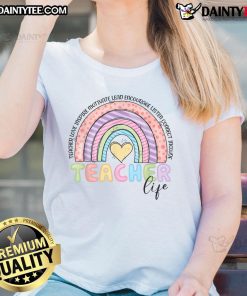Alt Text: Cute rainbow teacher life tee for last day of school, perfect gift for teachers celebrating the end of the year.