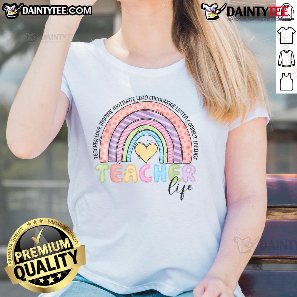 Cute Rainbow Teacher Life Teacher Last Day Of School Ladies Tee Alt Text: Cute rainbow teacher life tee for last day of school, perfect gift for teachers celebrating the end of the year.