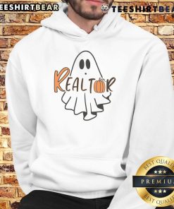 Cute realtor ghost in a Halloween hoodie, perfect for festive real estate promotions and Halloween spirit.