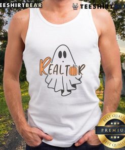 Adorable realtor ghost in a Halloween tank top, perfect for festive celebrations and spooky real estate events.