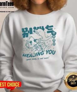 Alt Text: Cute Riot Games merch featuring Sage chibi from Valorant on a sweatshirt saying 'Your duty is not over'.