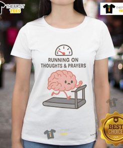 Alt Text: Cute running on thoughts and prayers ladies tee featuring a fun graphic design perfect for casual wear.