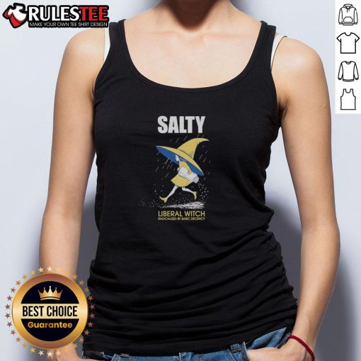 Alt Text: Cute salty liberal witch tank top design featuring a playful slogan about basic decency and empowerment.