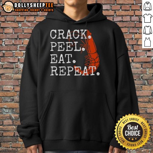 Alt Text: Cute Seafood Crack Peel Eat Repeat Shrimp Hoodie featuring a playful shrimp design, perfect for seafood lovers.