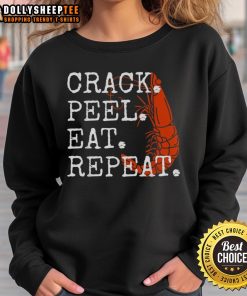 Cute Seafood Crack Peel Eat Repeat sweatshirt featuring vibrant shrimp design for seafood lovers.