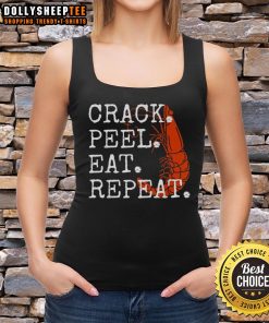 Adorable seafood-themed tank top with 'Crack Peel Eat Repeat' slogan, perfect for shrimp lovers and summer fashion.