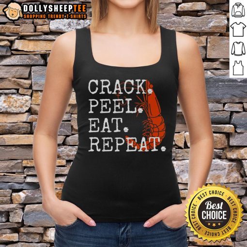 Adorable seafood-themed tank top with 'Crack Peel Eat Repeat' slogan, perfect for shrimp lovers and summer fashion.