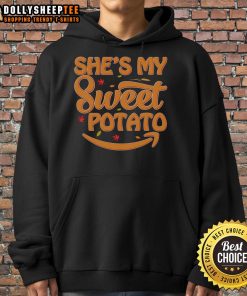 Cute 'She's My Sweet Potato' Thanksgiving hoodie design featuring playful text and autumn colors.