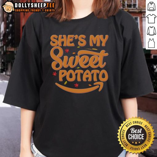 Cute 'Shes My Sweet Potato' Thanksgiving ladies tee featuring a playful design perfect for holiday celebrations.