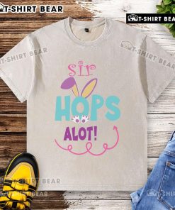 Cute Sir Hops Alot bunny Easter rabbit graphic on a washed t-shirt, perfect for spring celebrations and Easter festivities.