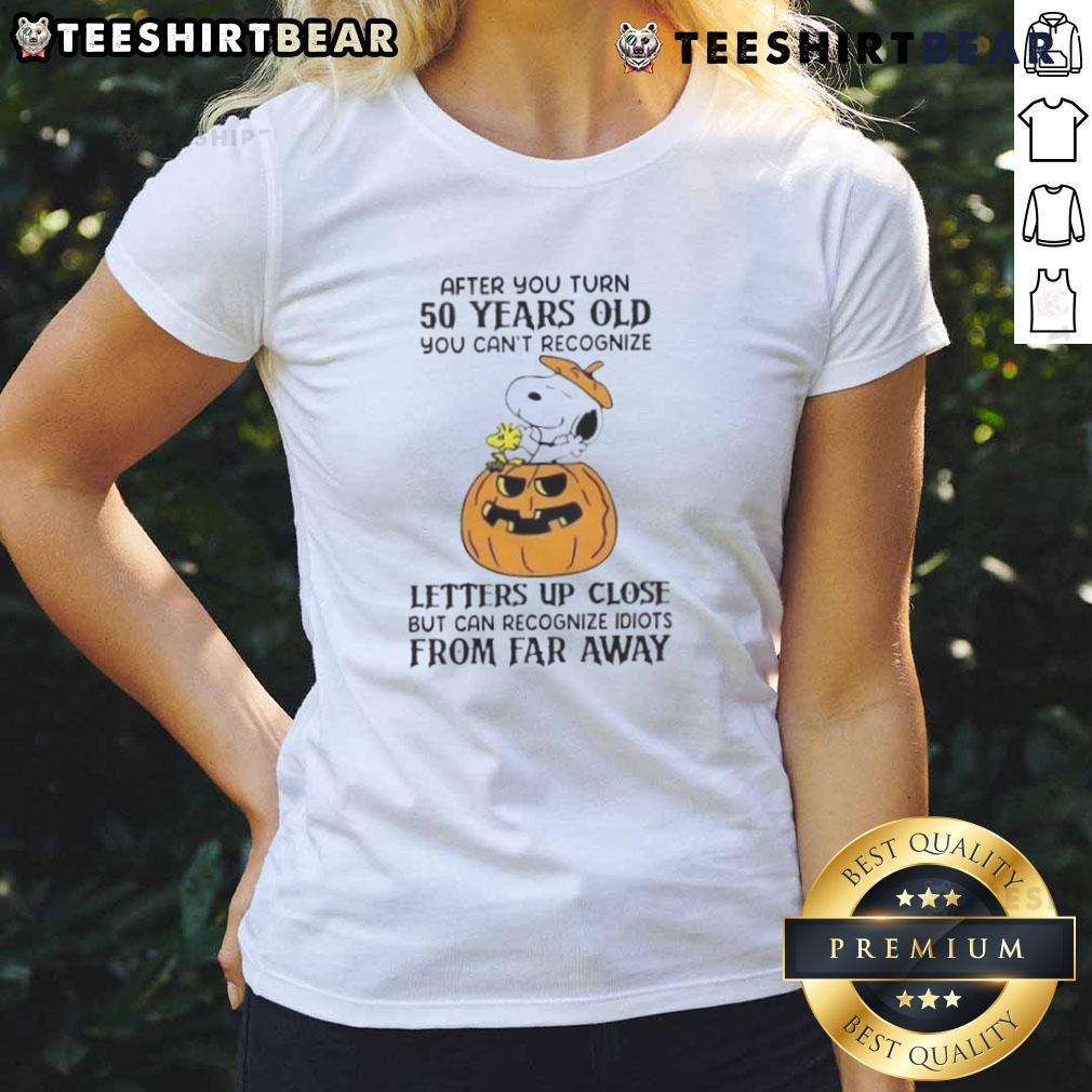 Cute Snoopy After You Turn 50 Years Old You Can't Recognize Letters Up Close Ladies-Tee Cute Snoopy graphic tee for ladies, humorously illustrating letter recognition challenges after turning 50.