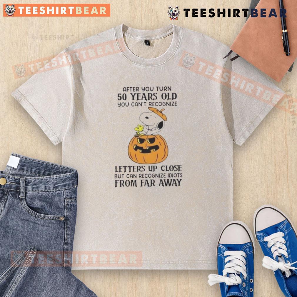 Cute Snoopy After You Turn 50 Years Old You Can't Recognize Letters Up Close Washed T-Shirt Cute Snoopy t-shirt design for those over 50, humorously depicting difficulty recognizing letters up close.