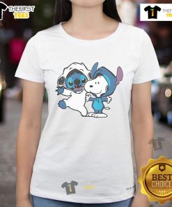 Cute Snoopy and Stitch ladies tee featuring vibrant graphics, perfect for casual wear and fans of animated characters.
